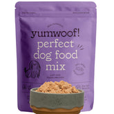 Yumwoof Perfect Dog Food Mix bag closeup highlights grain-free formulation for healthier meals.