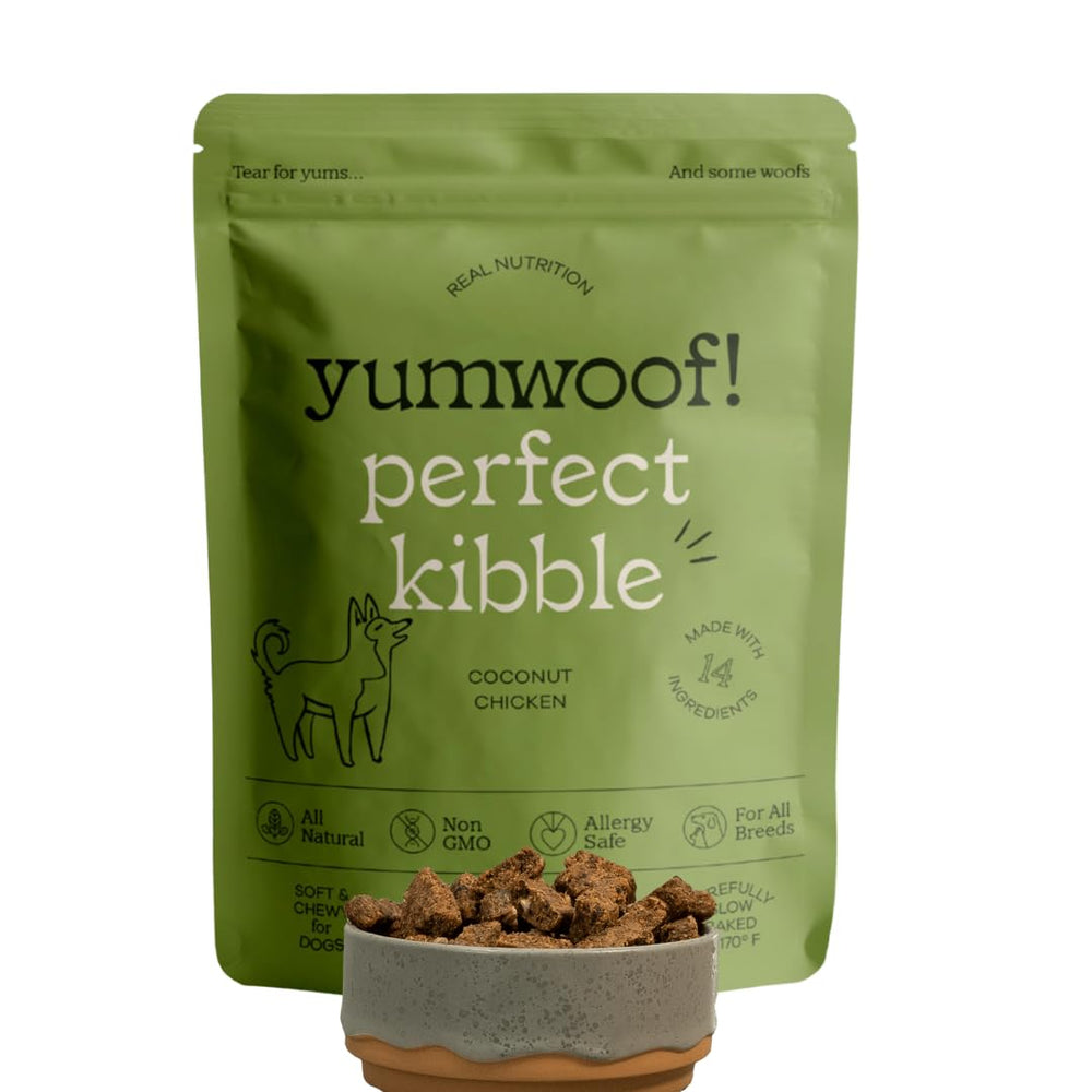 Yumwoof Perfect Kibble bag close-up showing digestion-supporting chicken ingredients.