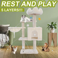 Yungaspy cat tree tower with cloud top perch in white offers elevated viewing and cozy lounging.