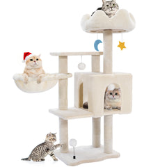 Yungaspy cat tree tower with metal frame hammock in white provides a sturdy resting spot for indoor cats.
