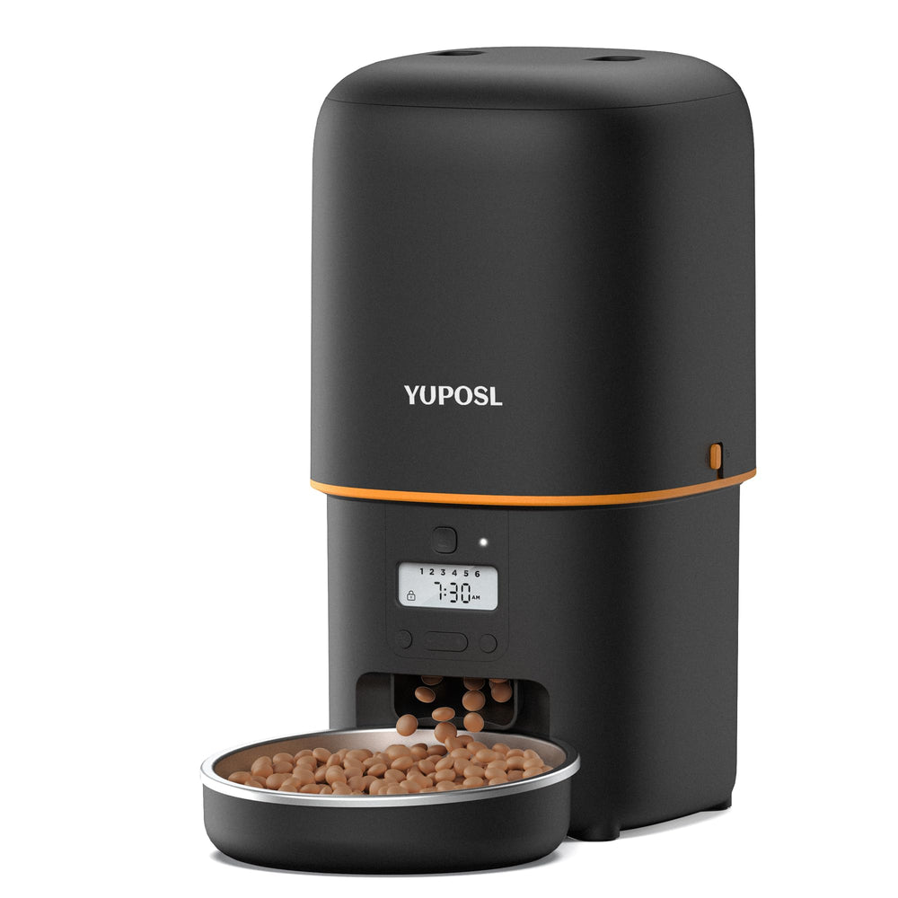 Yuposl automatic feeder front view shows compact design for space-saving pet meals.