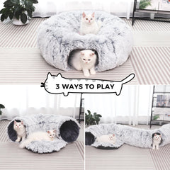 YUYAFN plush cat tunnel grey close-up shows soft plush fabric for warm naps