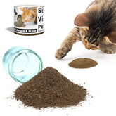 YWAOOH silvervine powder jar closeup, natural catnip alternative for engaged cats.