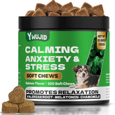 YWUJID Calming Chews dog bottle shows vet-formulated calm support for anxious dogs