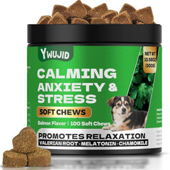 YWUJID Calming Chews dog bottle shows vet-formulated calm support for anxious dogs