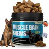 YWUJID dog muscle gain soft-chews bag highlighting high-protein formula for muscle support