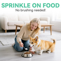 YWUJID powder being sprinkled on food for easy no-brush dental care.
