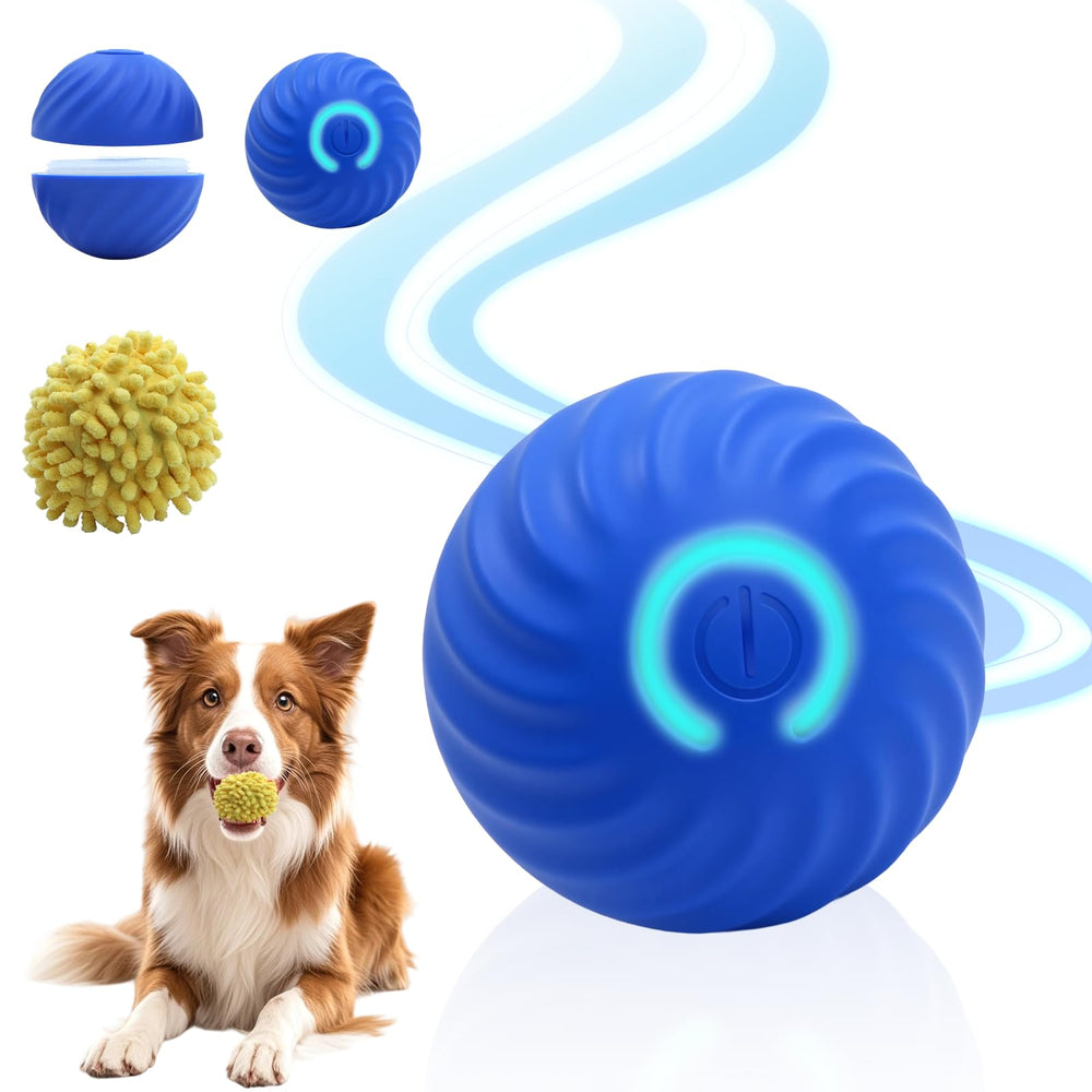ZABARE interactive dog ball in blue action boosts chase instincts and play.