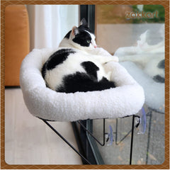 Zakkart cat window perch bed closeup showing cozy sherpa pad for warmth.