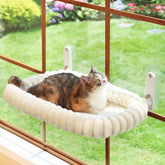 Zakkart SnugCloud foldable window perch demonstrates curtain-friendly folding for space-saving lounging.
