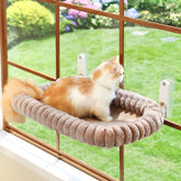 Zakkart SnugCloud folding feature shown, allowing curtain closure without sacrificing your cat's comfort.