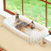 Zakkart SnugCloud window perch front view, showcasing sturdy installation and natural wood finish.