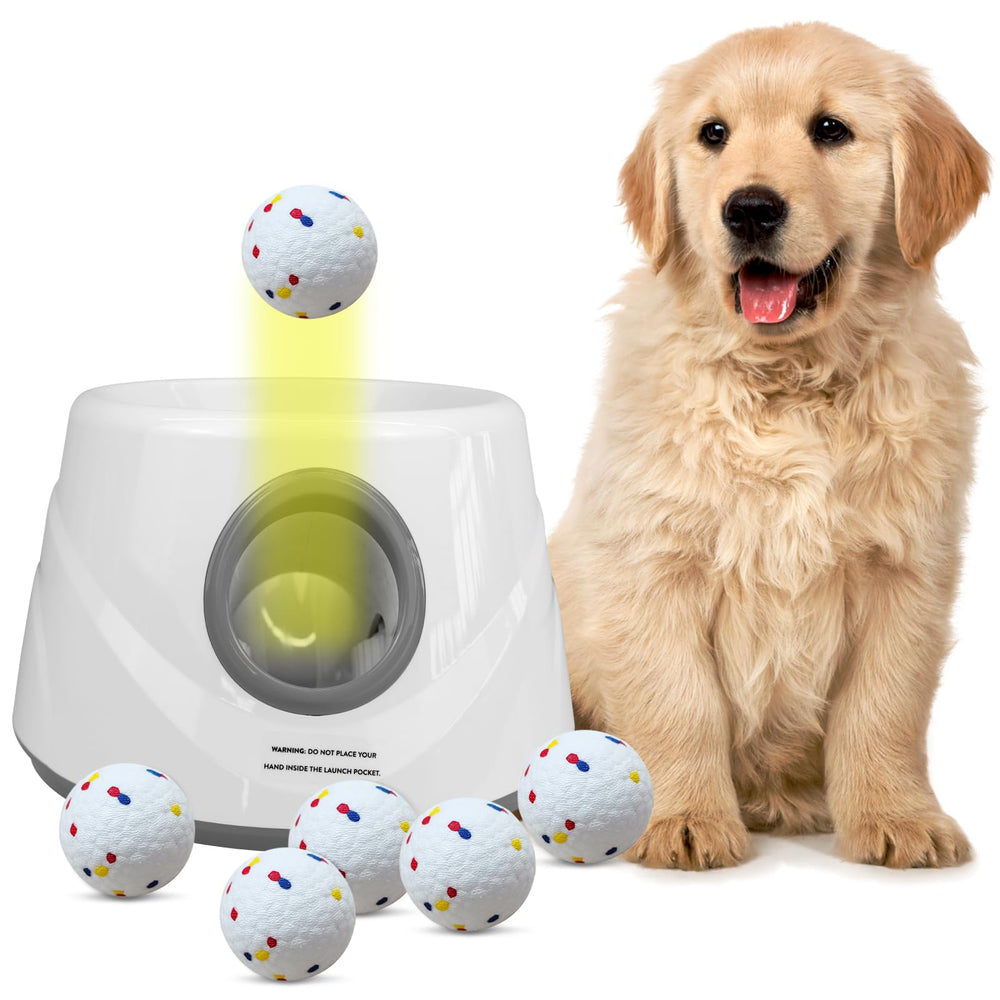 ZAPELL automatic ball launcher white front view suitable for indoor and outdoor play.