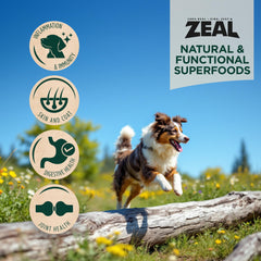 ZEAL Canada air-dried chicken green-lipped mussels closeup signals joint-support potential for active dogs.