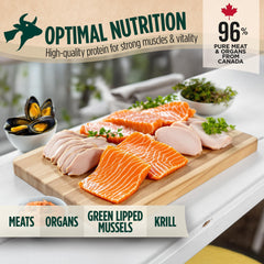 ZEAL Canada ingredients bowl shows krill, mussels, vegetables and pumpkin