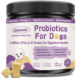 ZEBORA Probiotics for Dogs bottle-jar highlights 6B CFU and 10 strains for digestive support.