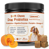 ZEBORA Probiotics for Dogs bottle shows soft chews for digestion and gut support.