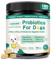 ZEBORA Probiotics for Dogs packaging shows a gut-supporting chew supplement