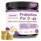 ZEBORA Probiotics for Dogs packaging shows digestive support in a vet-recommended bottle.