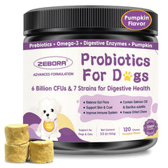 ZEBORA Probiotics for Dogs packaging shows digestive support in a vet-recommended bottle.