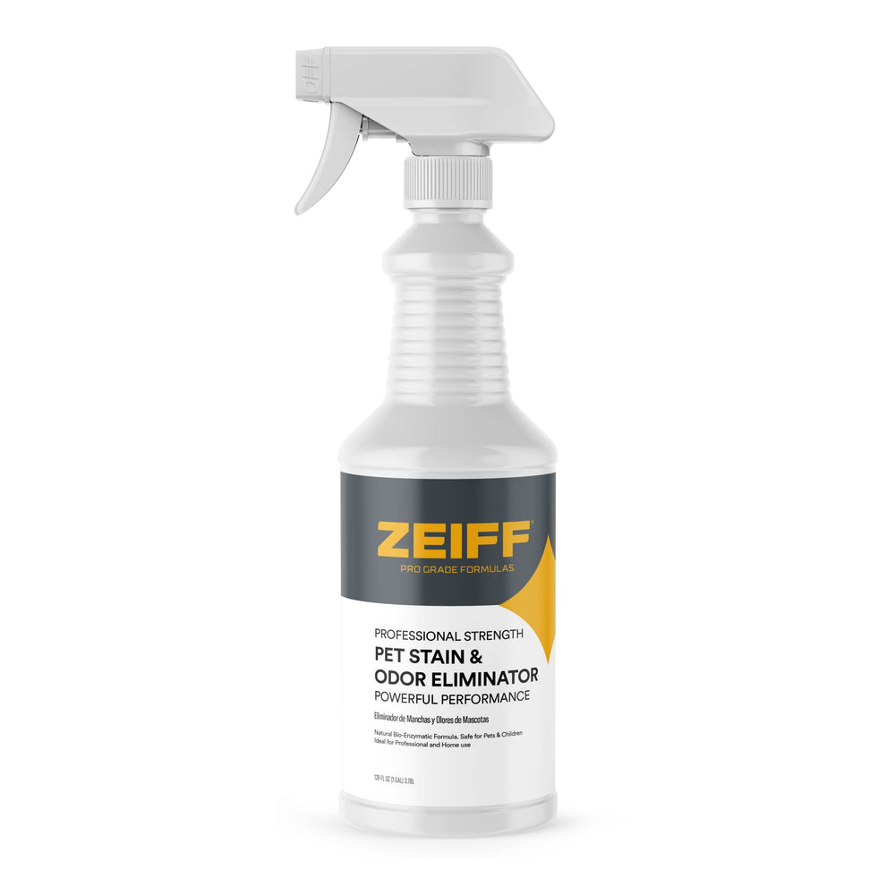 Zeiff Pet Stain and Odor Remover front bottle shows enzyme formula for household pet mess cleanup.