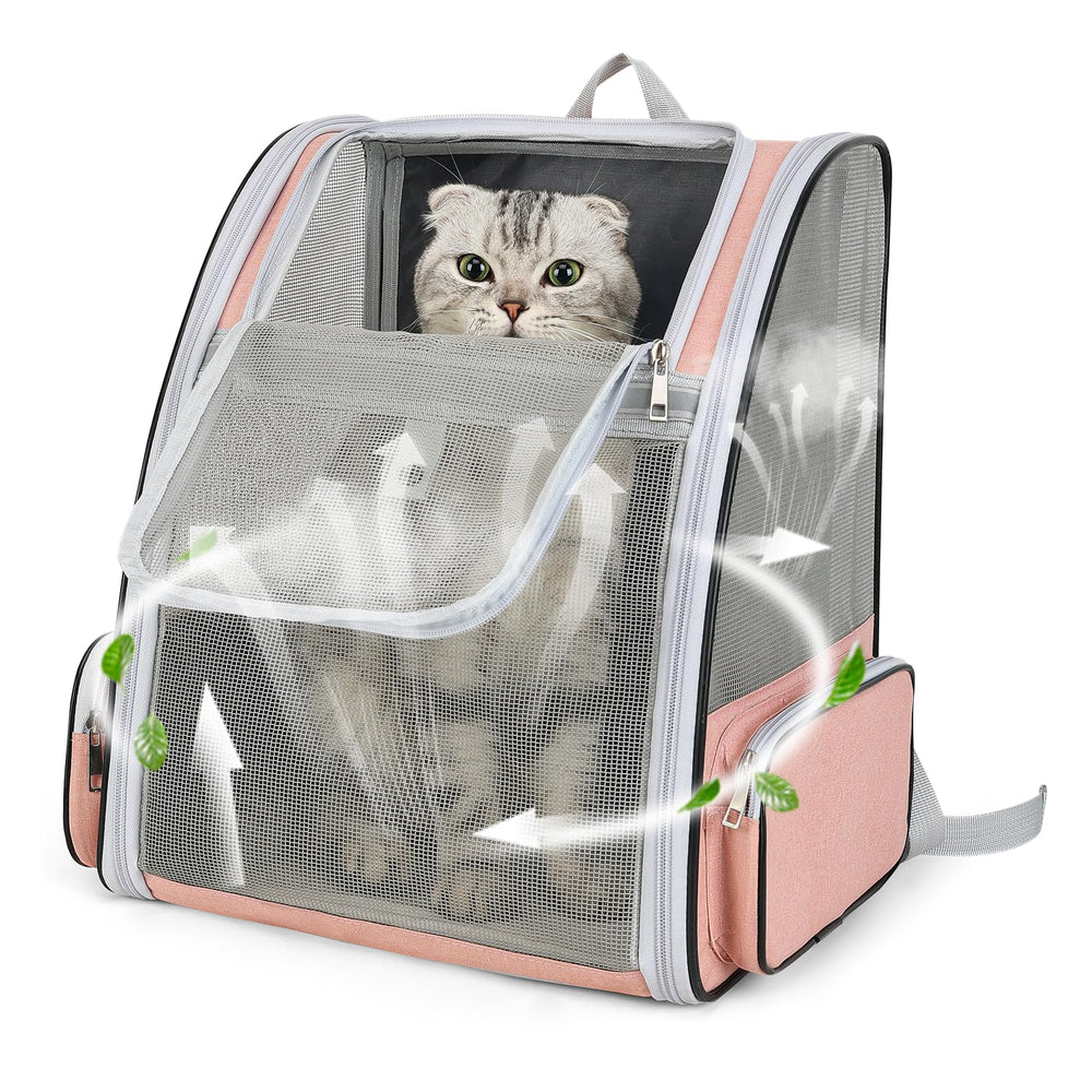 ZEJOROSE cat backpack carrier—front view showing breathable mesh for visibility and calm travel.