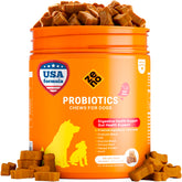 ZENO Probiotics for Dogs Chews bottle closeup promoting digestive support for pets.