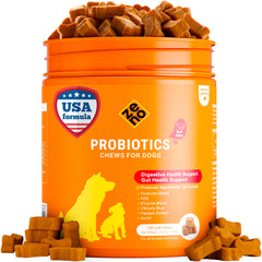 ZENO Probiotics for Dogs Chews bottle closeup promoting digestive support for pets.