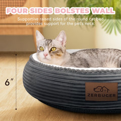Zerbuger cat bed round bolster provides edge support for secure lounging.