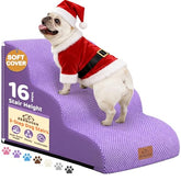 Zerbuger dog ramp on bed with purple cover provides gentle support for easy bed access.