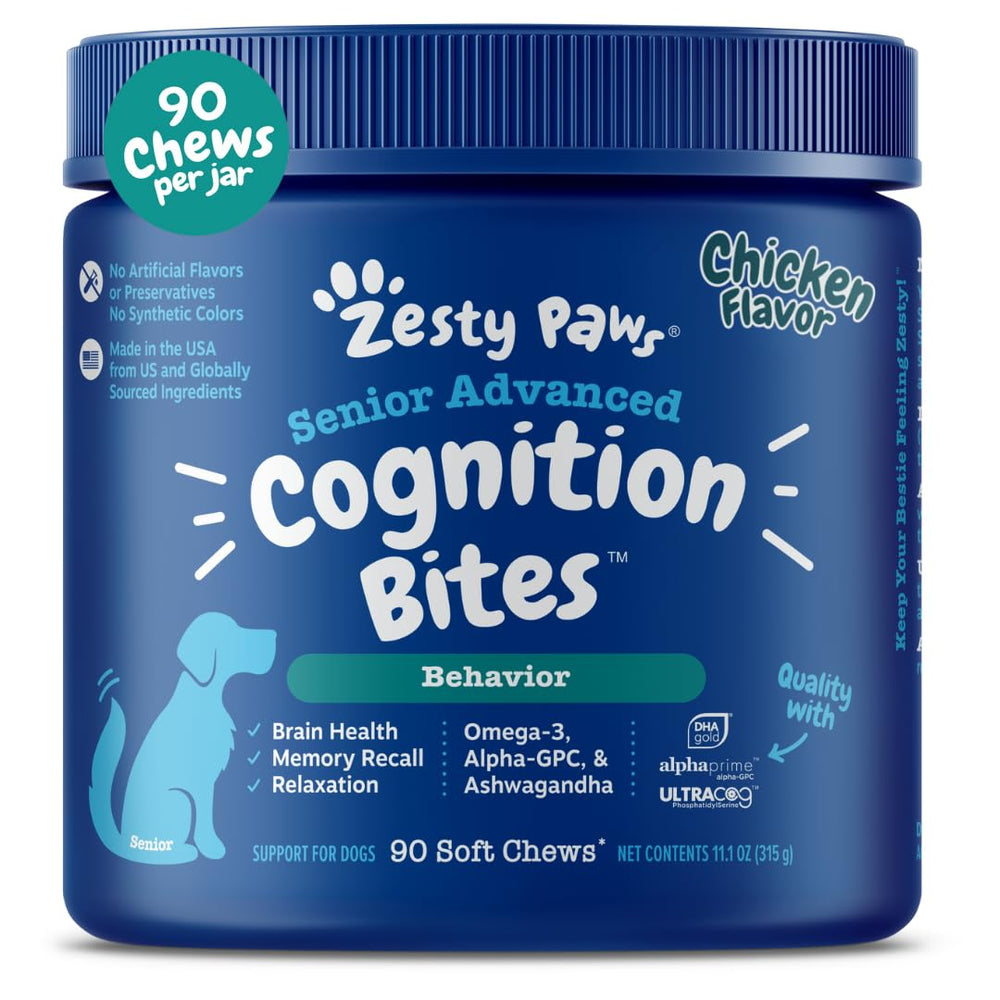 Zesty Paws Advanced Cognition bottle pour supports easy daily use for senior dog brain health