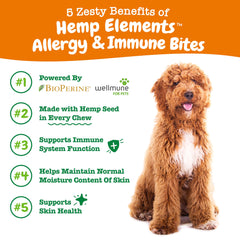Zesty Paws Aller-Immune Bites packaging highlights hemp seed and turmeric blend.