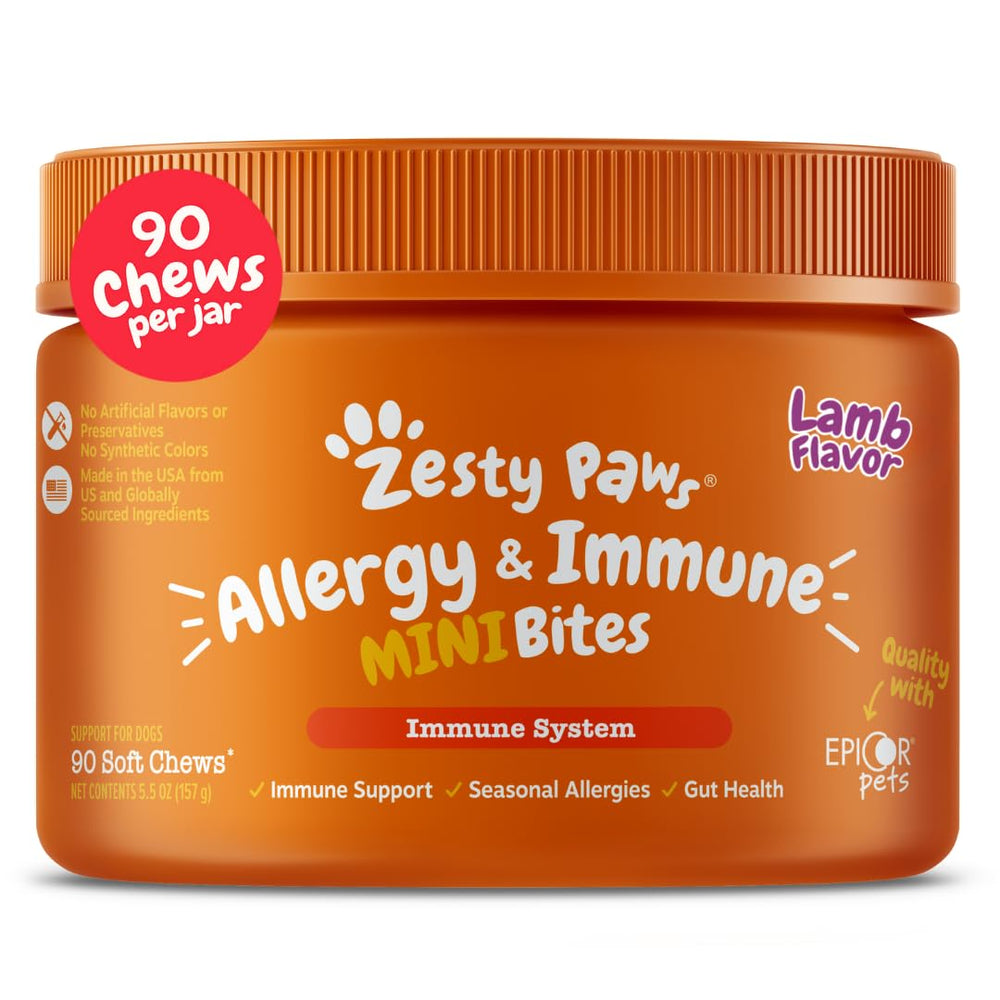 Zesty Paws allergy relief chews tub—90ct highlighting lamb flavor for itchy skin relief