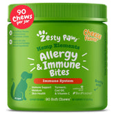 Zesty Paws Aller-Immune Bites bottle close-up showing immune and skin support.