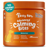 Zesty Paws Calming Chews bottle closeup highlighting turkey flavor for daily stress support.