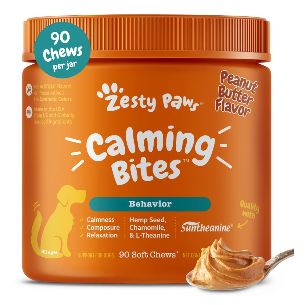 Zesty Paws Calming Chews bottle signals calm for dogs with peanut butter flavor.