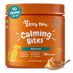 Zesty Paws Calming Chews bottle signals calm for dogs with peanut butter flavor.
