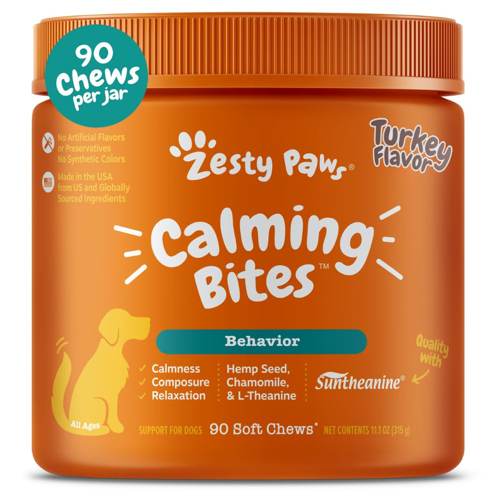 Zesty Paws Calming Chews tube close-up promotes relaxation during stressful days