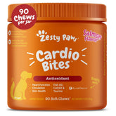 Zesty Paws Cardio Bites bottle front highlighting senior heart support