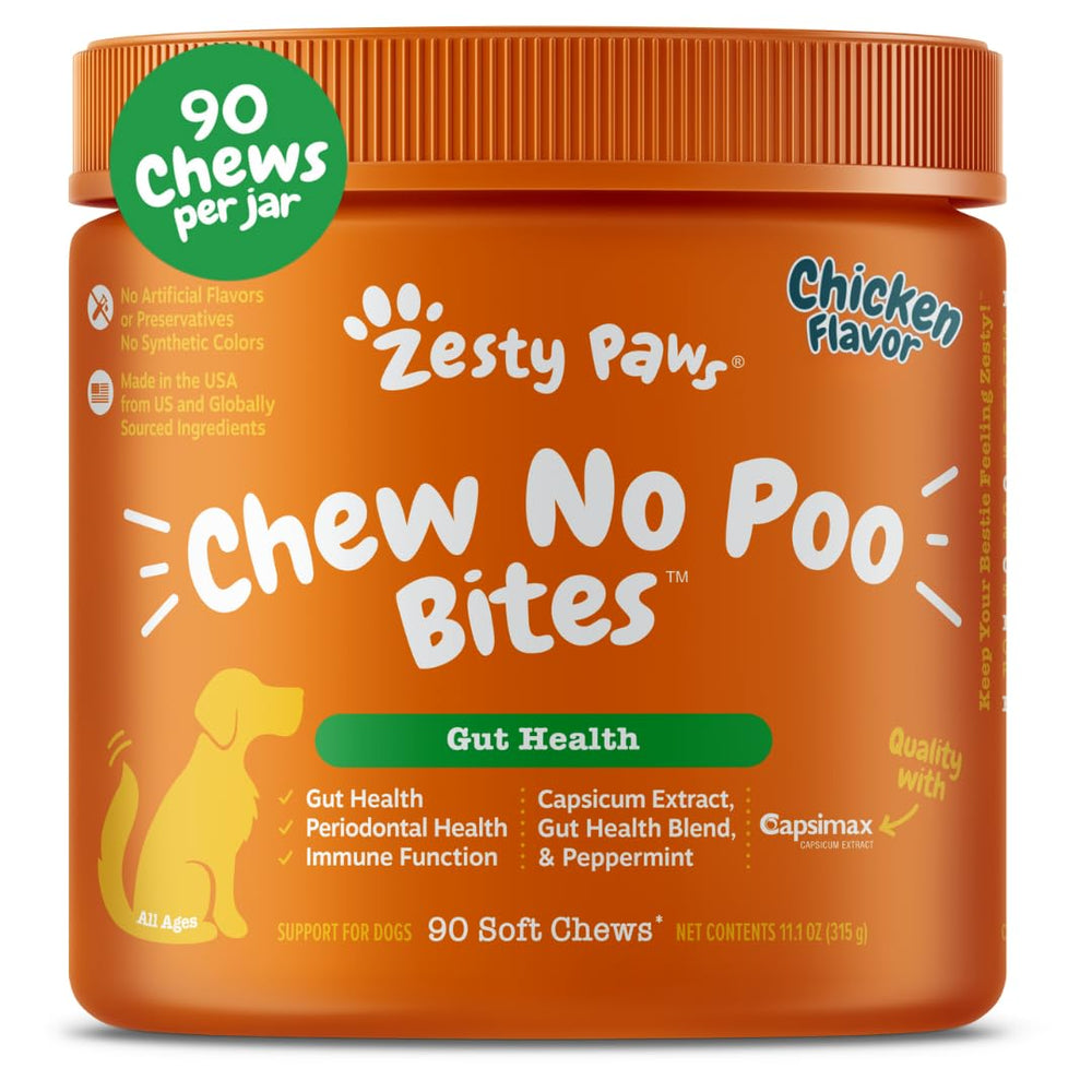 Zesty Paws Chew No Poo Bites bottle-front view for easy-stool deterrent use at home