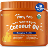 Zesty Paws Coconut Oil bottle shows organic virgin formula for daily dog care