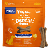 Zesty Paws Dental Bones packaging shows 28-count box for small dogs with cinnamon flavor and tartar control.