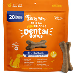 Zesty Paws Dental Bones packaging shows 28-count box for small dogs with cinnamon flavor and tartar control.