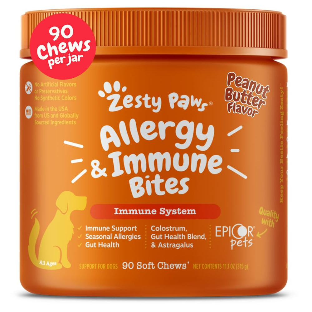 The Zesty Paws allergy relief chews bottle highlights peanut butter chews that support digestion and immune health.