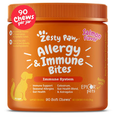 Zesty Paws dog allergy relief chews salmon bottle demonstrates tasty support for seasonal itch relief