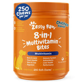 Zesty Paws dog multivitamin bottle highlights senior and puppy joint and immune support.