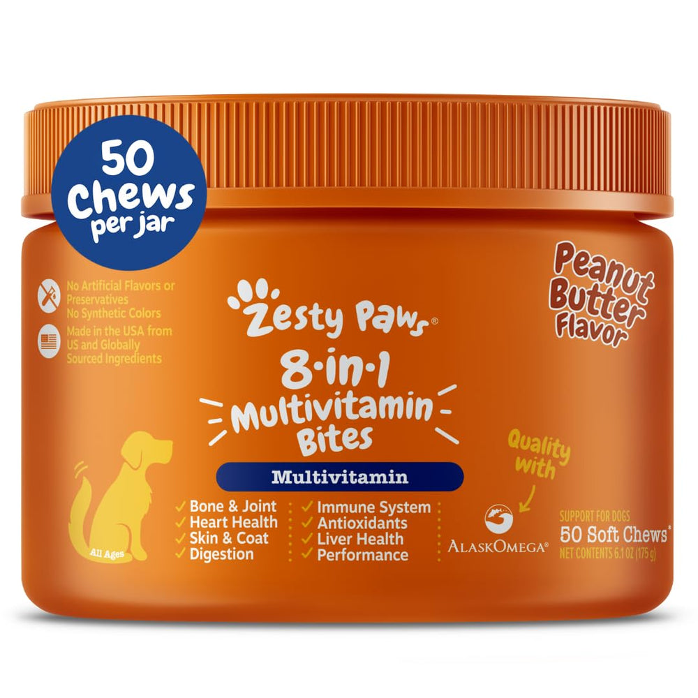 Zesty Paws dog multivitamin bottle with all-in-one chew for joint support.