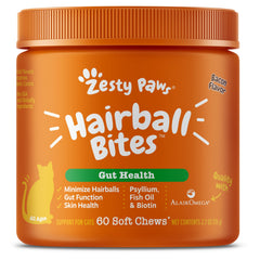 Zesty Paws Hairball Bites bottle for convenient cat hairball support
