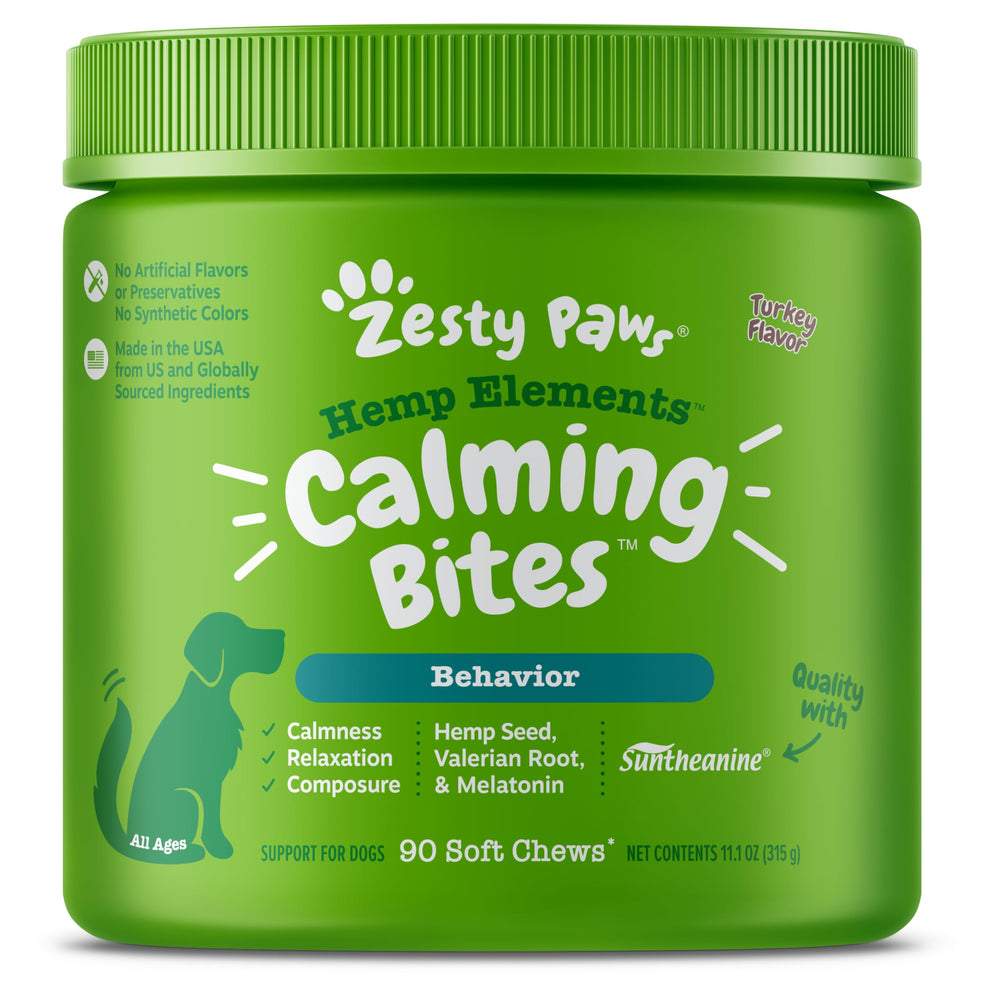 Zesty Paws Hemp Calming Chews packaging in Turkey indicating calm for dogs.
