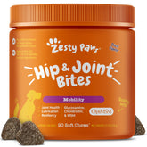 Zesty Paws hip joint supplement duck bites bottle supports dog joint health